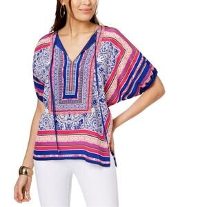 Trina Turk Multi Print Floria 100% Silk Blouse Flowy Top Preppy